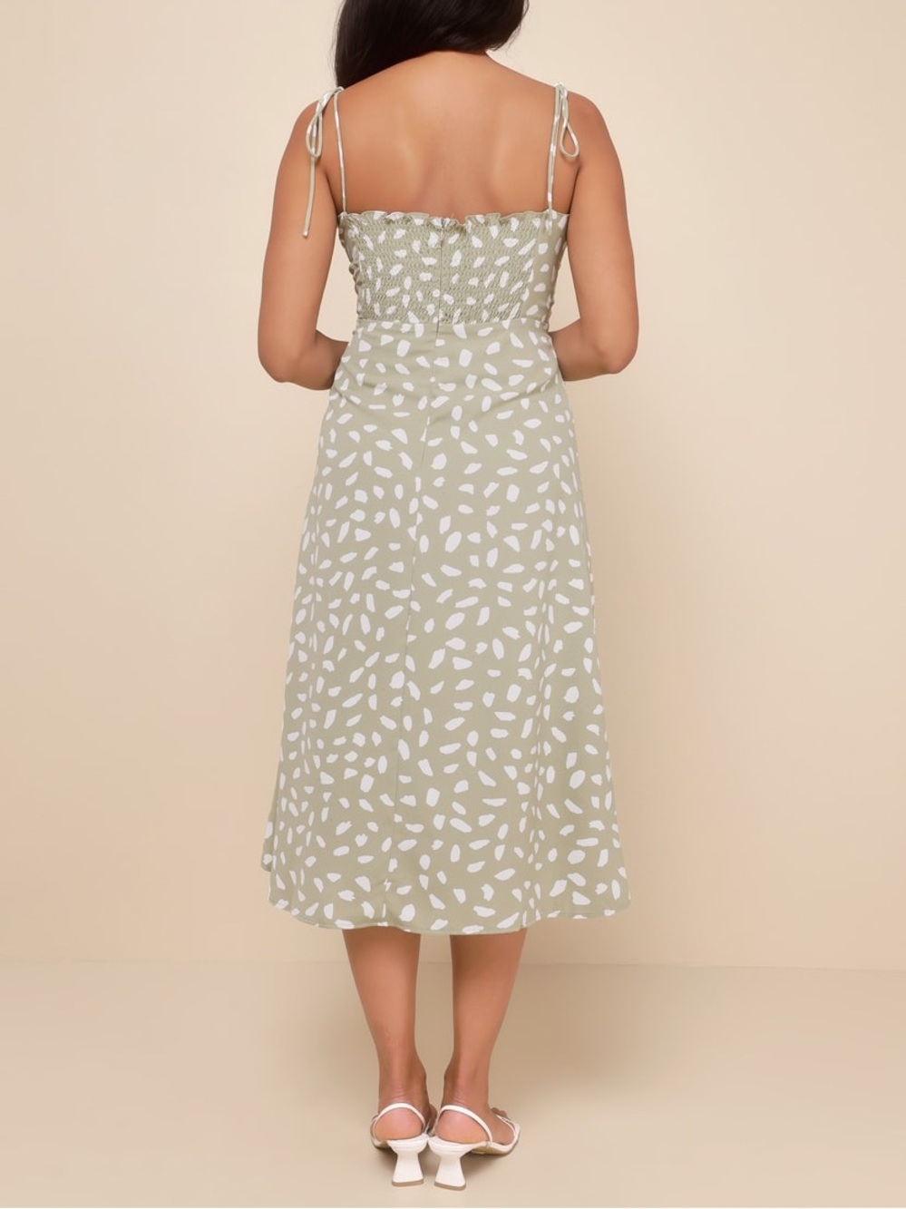 Lulus | Party in Paris Sage Green Print Tie-Strap Midi Dress - Picture 7 of 12
